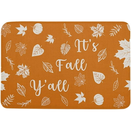 

It s Fall Y all Indoor Door Mat Anti-Skid Memory Foam Floor Mat Absorbent Entrance Rug Easy Clean Doormat for Entryway Patio Front Door Pumpkins Leaves Silhouette Orange Texture 24x16 Inch