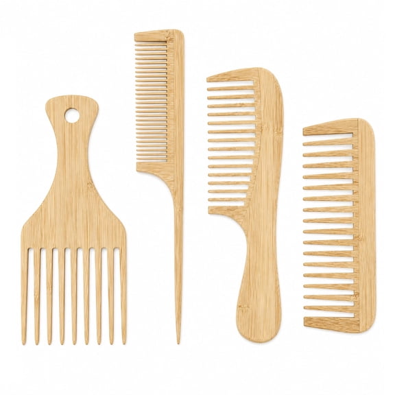 OPALESQUE 4PCS Bamboo Comb Set Natural Anti-Static Wooden Pick for Thick Curly Hair Wooden Wide Tooth Hair Comb Ideal for Men and Women Travel-Friendly