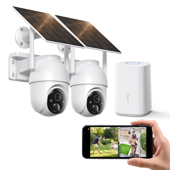 Conico 2-Pack 2K Wireless Outdoor Security Camera System with Base Station, Solar Powered PTZ WiFi Cameras, Subscription-Free Storage, No Monthly Fee, 360° View, Color Night Vision