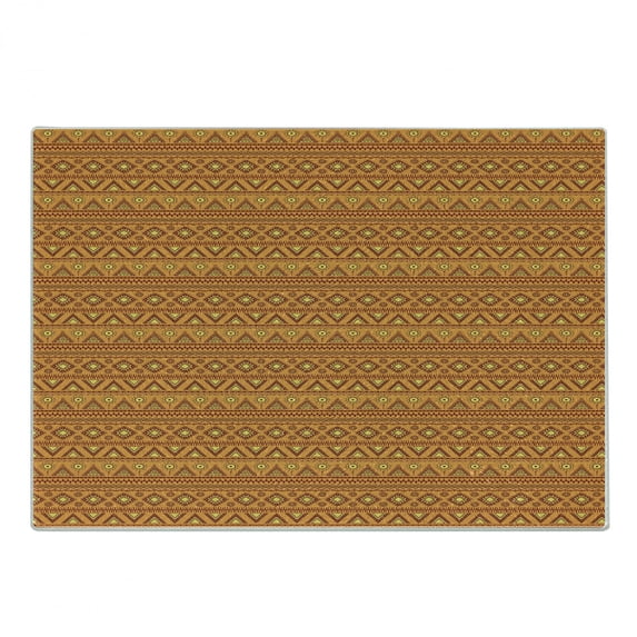 Aztec Cutting Board, Folkloric Borders Triangle Motifs with Circles and Abstract Sun, Decorative Tempered Glass Cutting and Serving Board, Small Size, Orange Yellow Burgundy, by Ambesonne