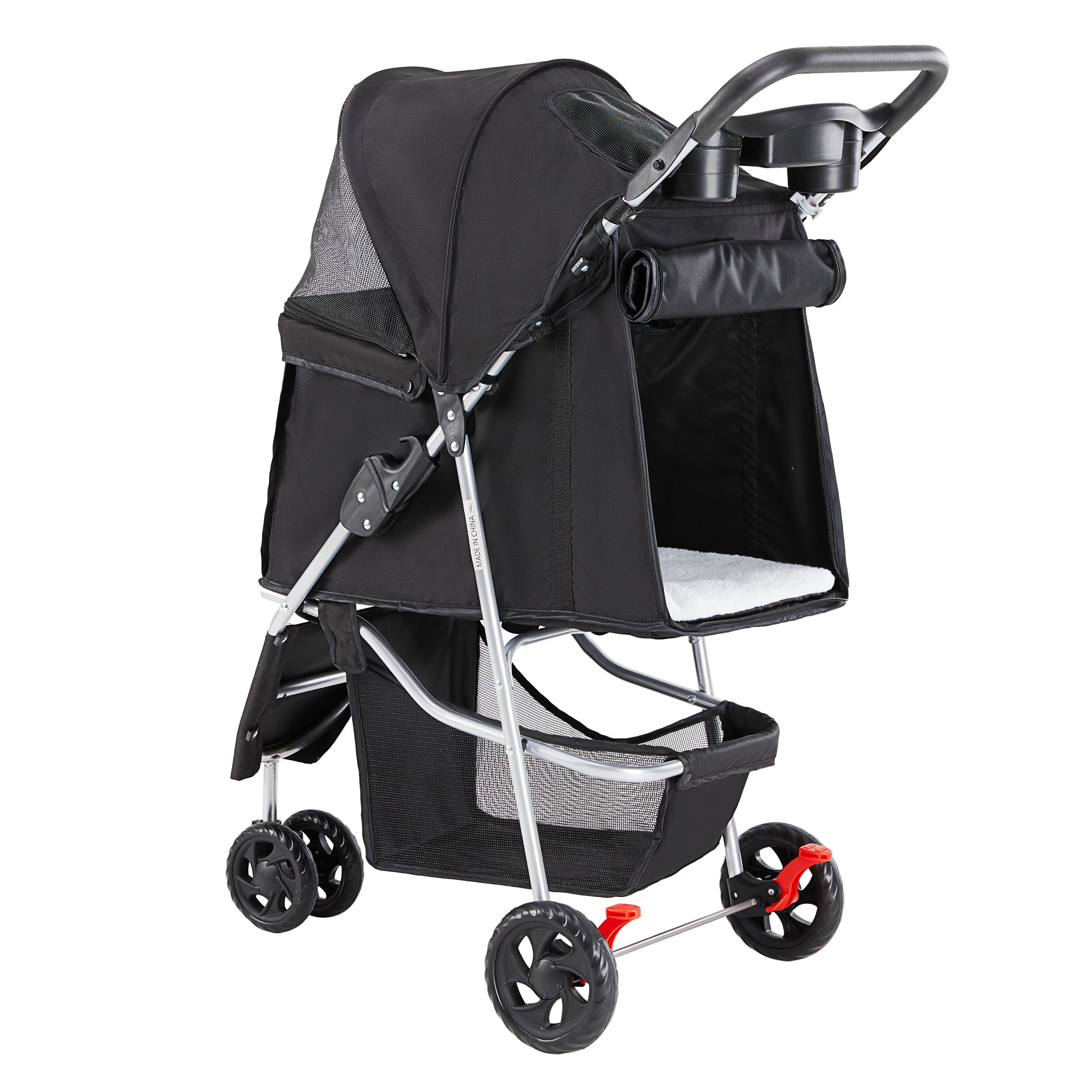 edx 3 Wheels Pet Stroller, Dog and Cat Strollers, With Storage Basket and Cup Holder, Lightweight Travel Carrier, Breathable Mesh, Waterproof and Foldable for Small Pets Outdoor Walk, Black