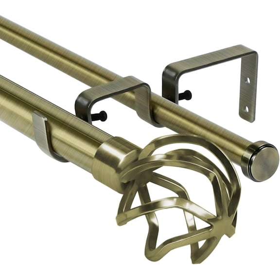 Urbanest Adjustable Double Curtain Rod Set Zeffoli Manhattan Finials – 1″ Front & 5/8 Back Rod With Antique Brass Rod, 84-120 Inches