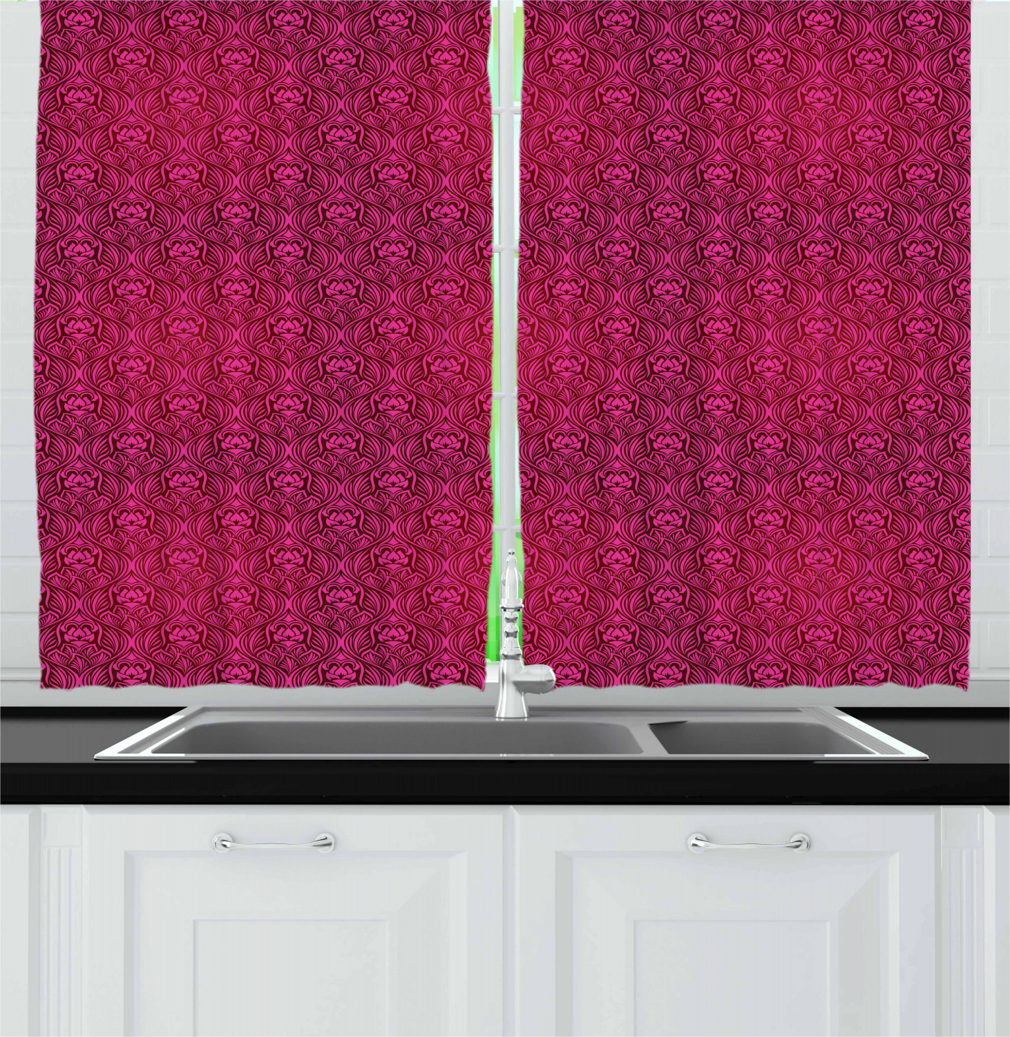 Magenta Curtains 2 Panels Set, Monochrome Flourishing Flowers with