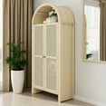 thumbnail image 2 of GZXS 2-Door Arched Pantry Cabinet w/ Open Storage and Adjustable Shelves, Freestanding Rattan Cupboard in Natural Finish, 31.1"L x 15.43"W x 70.28"H, 2 of 9