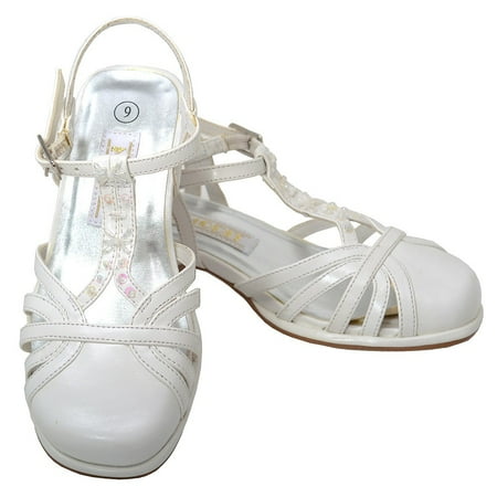 White T Strap Beaded Buckle Small Heel Dress  Shoe  Toddler  