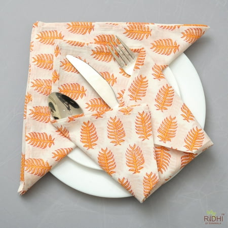 

Gold Yellow Indian Hand Block Leaf Printed 100 % Biodegradable Pure Cotton Cloth Napkins 9x9 - Cocktail Napkins 20x20 - Dinner Napkins