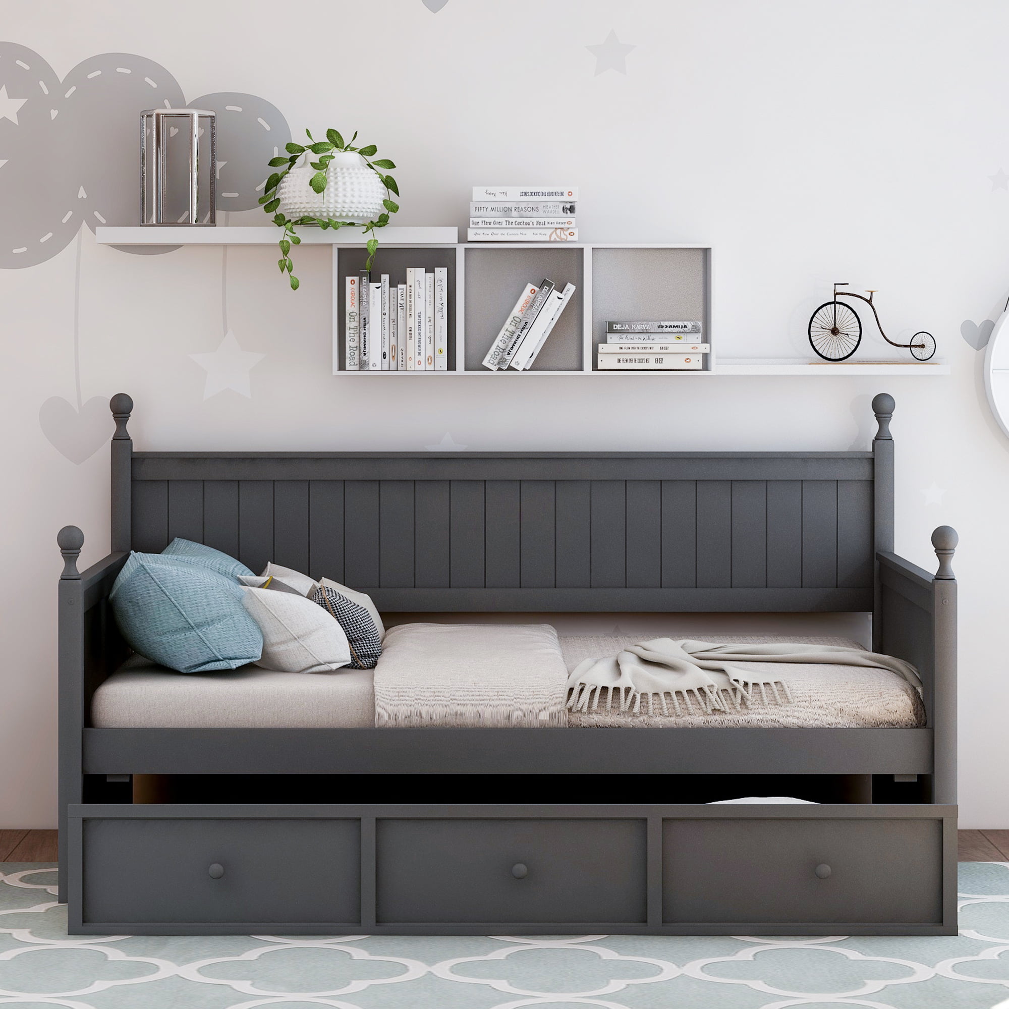 WestWood Grey Single 3ft Day Bed with Trundle Guest Solid Wood Frame Daybed