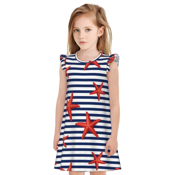 Fotbe Starfish Navy Blue Stripe Vestido de Dormir para Niñas de 3 a 10 Años, Mangas Cortas, Estilo Princesa, Pijama Camisón con Mangas Voladas-Small