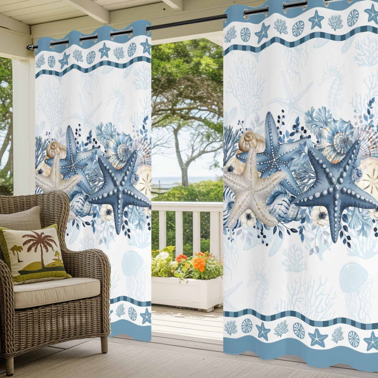 Blue Starfish Coastal Outdoor Curtains for Patio, Ocean Beach Coral Nautical Botanical Sunshade Privacy Drapes Grommet Waterproof Outside Curtains for Porch/Cabana/Balcony 54"x 108", 1 Panel