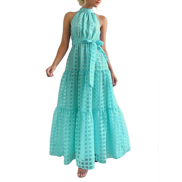 SUNSIOM Robe Longue pour Femme, Élégante Robe d'Été Sans Manches à Col Roulé à Carreaux, Robe Évasée, Robe de Cocktail avec Ceinture