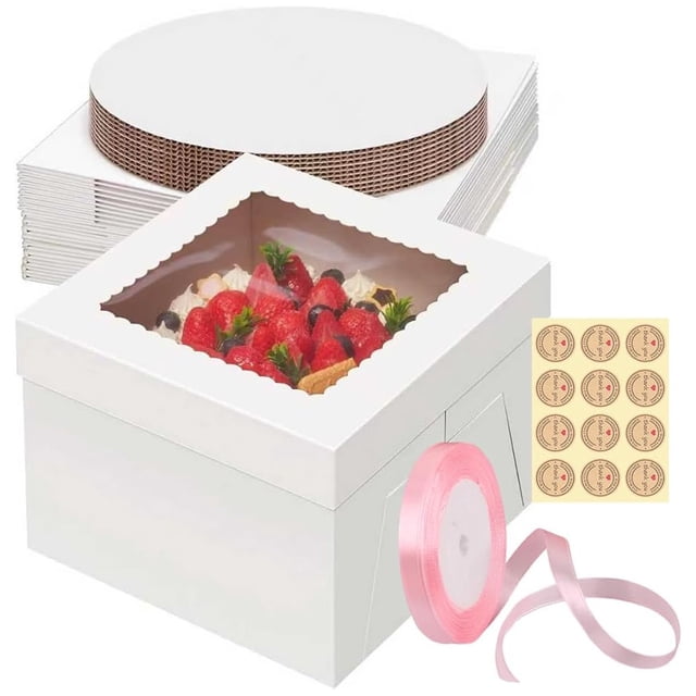 Juego de 5 Cajas para Pasteles con Ventana, Tapa y Base, Cajas de Cartón para Repostería con Cinta y Pegatinas Decorativas para Bodas, Cumpleaños Fiestas y Regalos