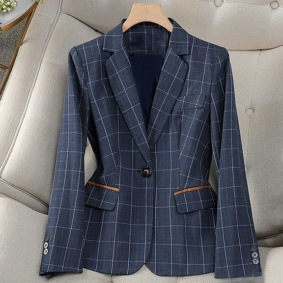 BLTIBY Blazer for Women Fall Business Fit Work Office Plaid Printed Casual Lightweight Outwear One Button Lapel Jackets with Pockets Blue S