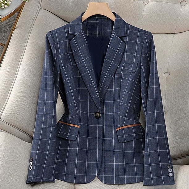 Blazer de mujer de manga larga con solapa y estampado a cuadros, elegante chaqueta de traje de poliéster para mujer