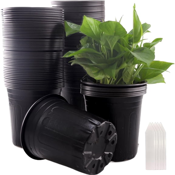 100 Pack Flexible Plant Nursery Pots, Nursery Pots Plastic Seedling Starting Pots with Drainage Holes Soft Flower Pots Plant Container with Plant Labels, Black