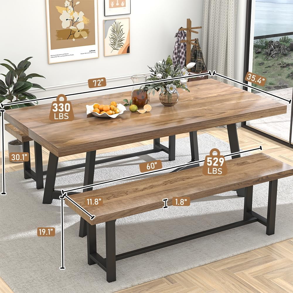 ChVans  72" Large Solid Wood Dinner Table for 4-8 Person, Modern Farmhouse Kitchen Table with Adjustable Heavy Duty Metal Leg, Rectangular Dining Table for Gathering, Kitchen, Dining Living Room