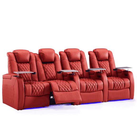 Weilianda Home Theater Seating Top Grain Leather Recliner Chair Dual Power Movie Gaming Sofa Electric Headrest with Tray Table Type-C USB Charge Cup Holders Row of 4,LOVESEAT LEFT,RED