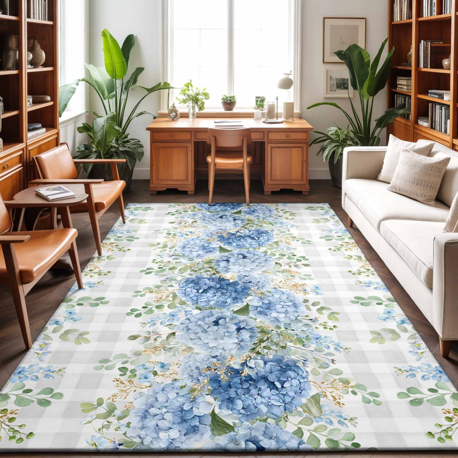 Blue Flower Rectangle Rug 5'x7' Summer Country Hydrangea Floral Grey Plaid Washable Area Rugs for Living Room Bedroom Entryway Non Slip&nbsp; Entrance Door Mat Indoor Floor Carpet