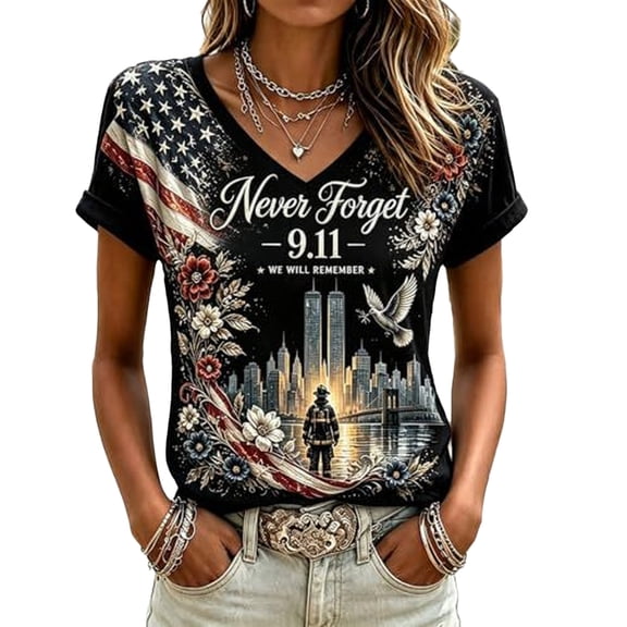 AHMOMEI Never Forget 9/11 Shirt Memorial American Flag 911 Tshirt Patriotic Honor Faith V Neck Short Sleeve Shirts for Women 6XL