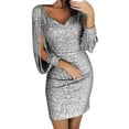 thumbnail image 1 of Femmes Sexy Solide Couture à Paillettes Brillant Club Gaine Manches Longues Mini Robe, 1 of 2