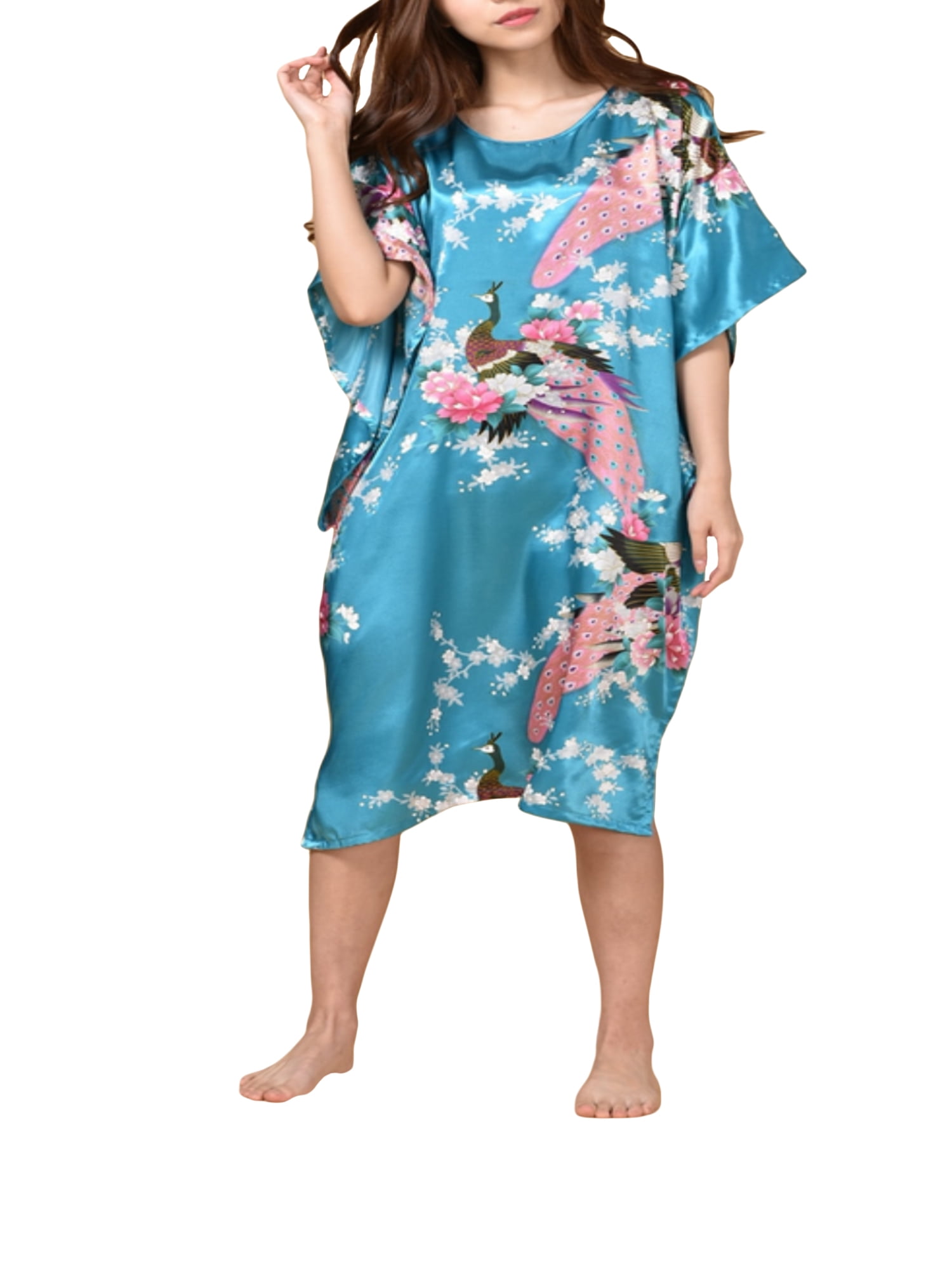 One Size Fits up to 16/18 Floral Print Kaftan Sleepwear Womens Satin Nightgown