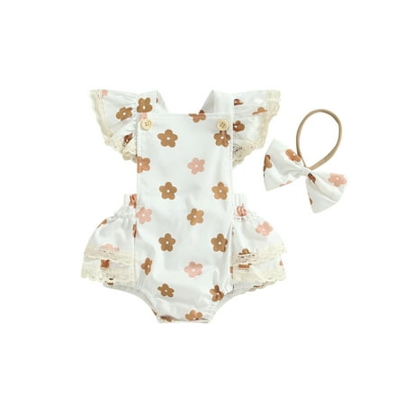 

Baby Girl Summer Clothes Floral Ruffle Sleeve Romper Sleeveless Jumpsuit Boho Bodysuit Headband