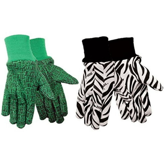 ZoohandsYouth Gardening Gloves, Cotton Jersey, 4 Pair Pack, Zebra & Alligator Print (Small Ages 3-6)
