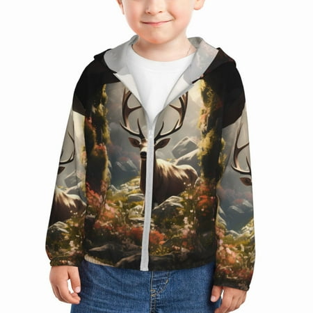 

Qekee Enchanted Deer In Cave Print UPF 50+ Kids Sun-Protective Hooded Long Sleeve Rash Guard for Fishing Water Beach Sports -18 Months