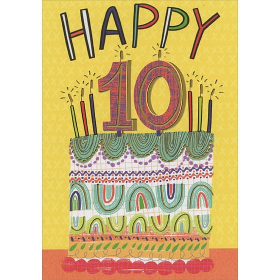 Designer Greetings Whimsically Decorated Cake on Yellow Background 10th / Tenth Birthday Card