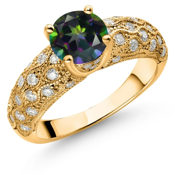 Gem Stone King 18K Yellow Gold Plated Silver Green Mystic Topaz and White Moissanite Engagement Ring for Women (1.64 Cttw, Round 7MM, Gemstone, Size 5)