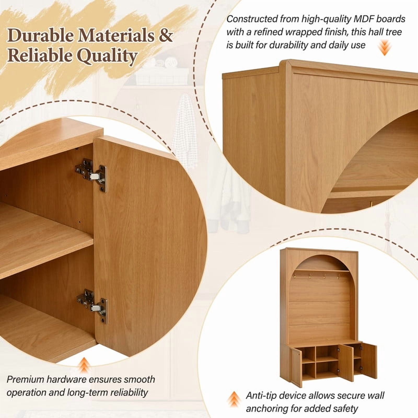 Farmhouse Arched Design Hall Tree with Adjustable Shelves, Entryway Storage Bench with 3 Cabinets, Mudroom Coat Rack Organizer with 4 Golden Hooks