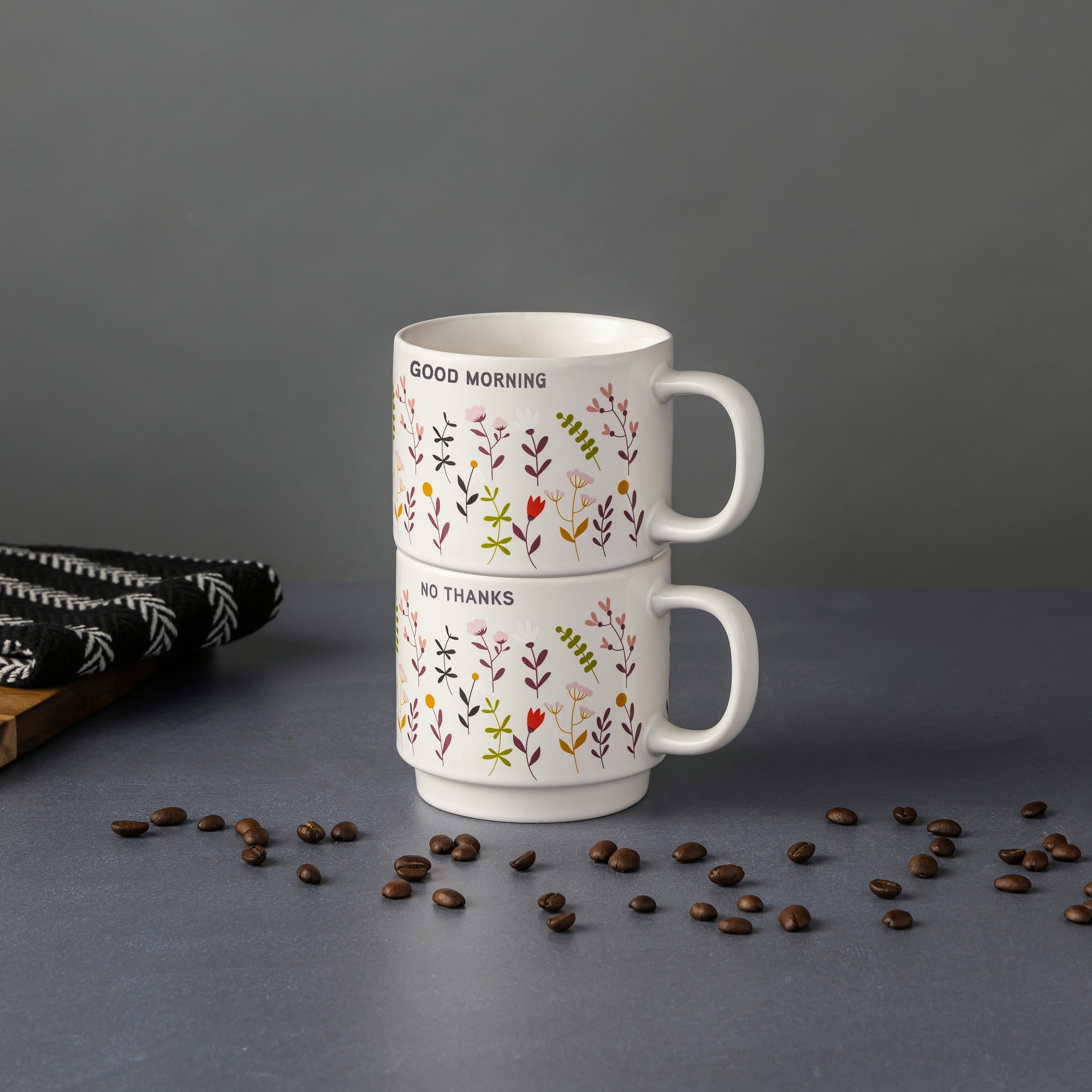 Thyme & Table 2 Pack Stacking Good Morning & No Thanks with Flowers Cream Mugs 14.2 fl oz, Stoneware