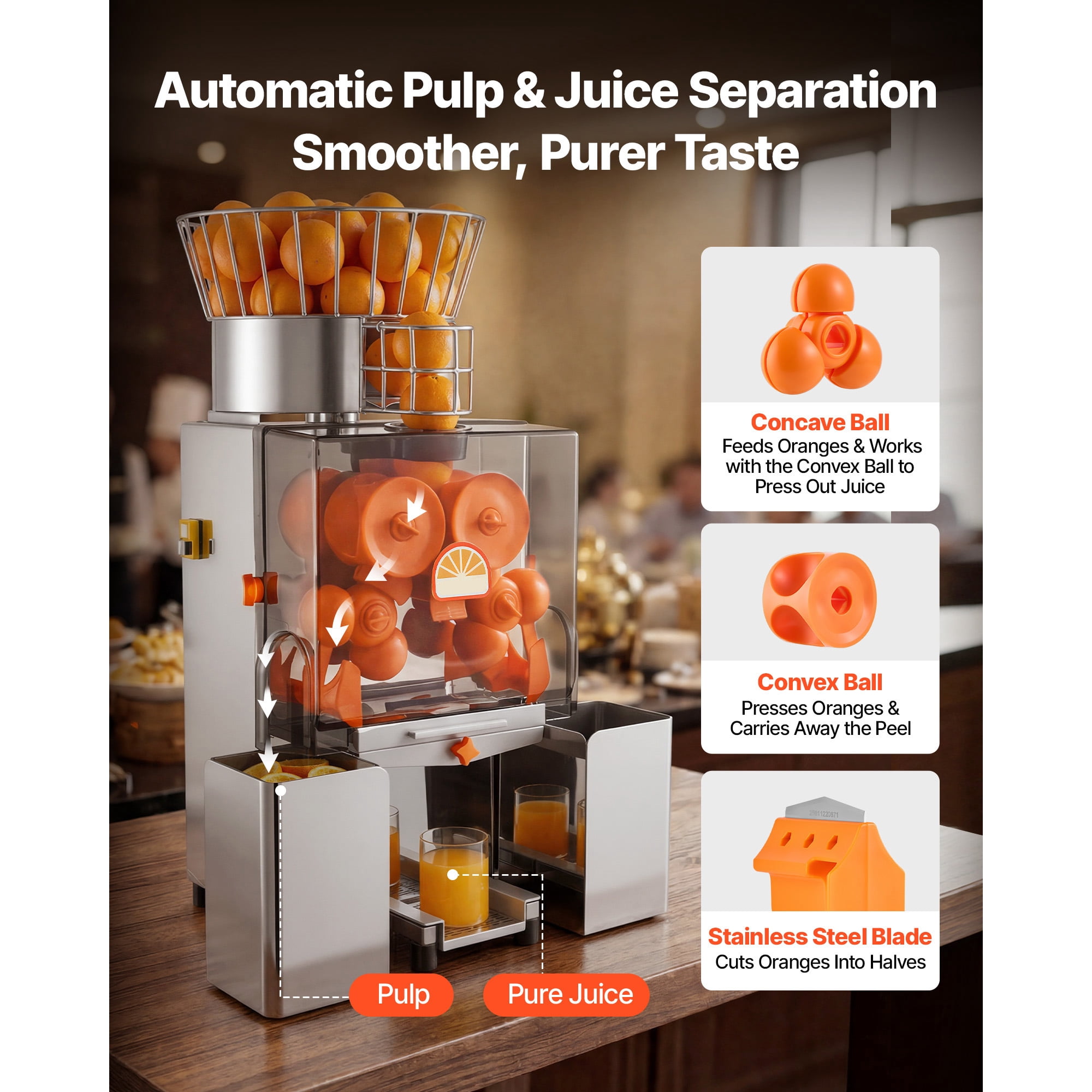 KFFKFF Commercial Orange Juicer Machine, 120W Electric Automatic Citrus Squeezer, Efficient Juice Extractor for 20 Fruits Per Minute, Stainless Steel Design with Peel Collection and Protective Cover
