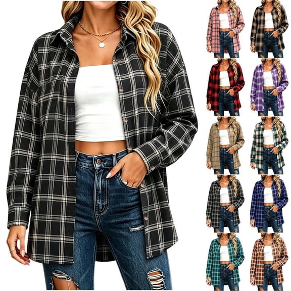 Xaqiouau Plaid Flannel Shirts for Women Buffalo Plaid Shirts Oversized Long Sleeve Casual Button Down Shirt Lapel Collar Button Up Shacket Jacket