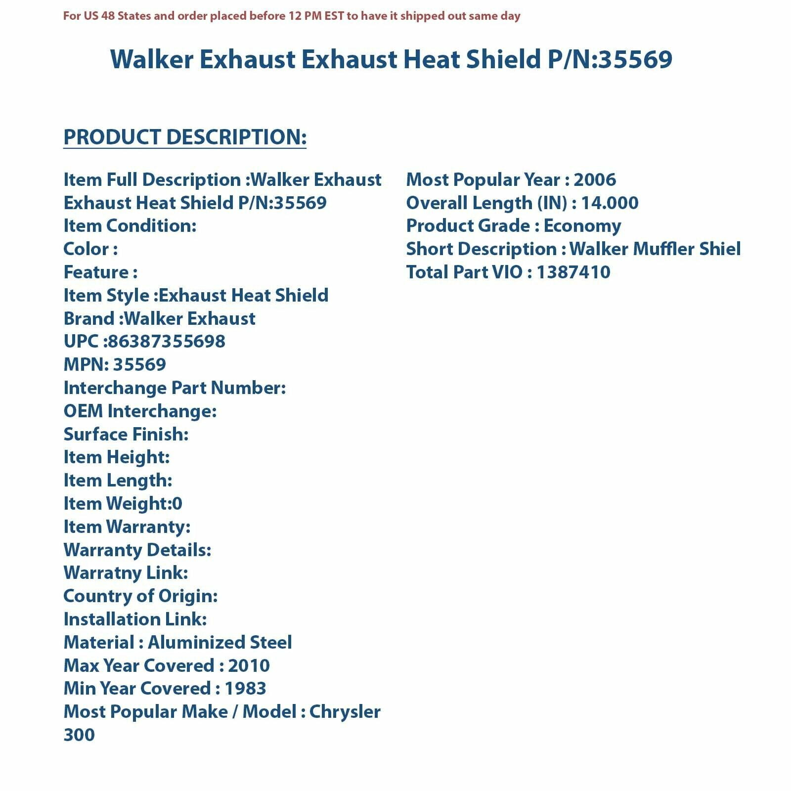Walker Exhaust 35569 Exhaust Heat Shield
