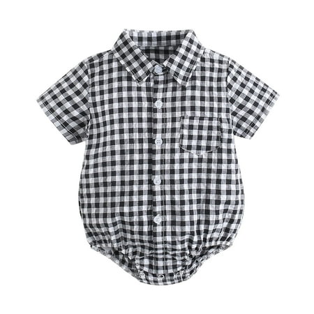 

LBECLEY Boy 24 Month Clothes Kids Baby Boys Girls Short Sleeve Patchwork Plaid Shirt Romper Bodysuit Outfit Baby Boy Zip Up Sleepers Black 6M