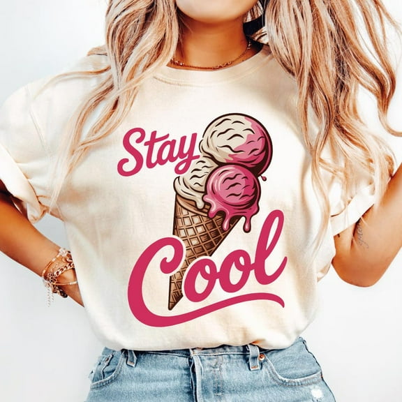 Stay Cool Ice Cream T-shirt, Cute Summer Cone T-shirt, Pink Scoop Retro Graphic T-shirt For Women.