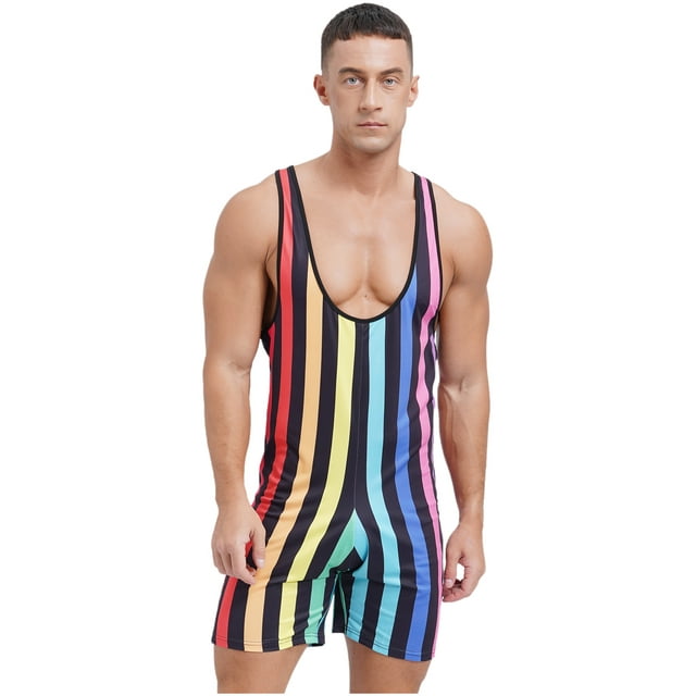 Zaldita Men's Striped Sleeveless Boxer Shorts Leotard Deep U Neck Racerback Slim Fit Rompers Rainbow M