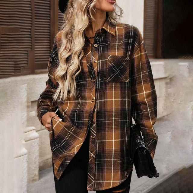 Jean Jacket Women - Plaid Button with Pocket Basic Top Jacket - Leisure/Home
