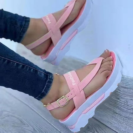

Chic Women s Platform Thong Sandals with Letter Buckle Strap and Slingback - Perfect for Outdoor Summer Comfort-粉色||35