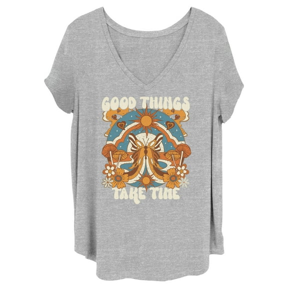 Junior's Lost Gods Good Things Take Time Butterfly Graphic Tee Heather Gray 3X