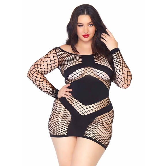 Women's Plus Size Diamond Net Long Sleeved Mini Dress, Black, One Size