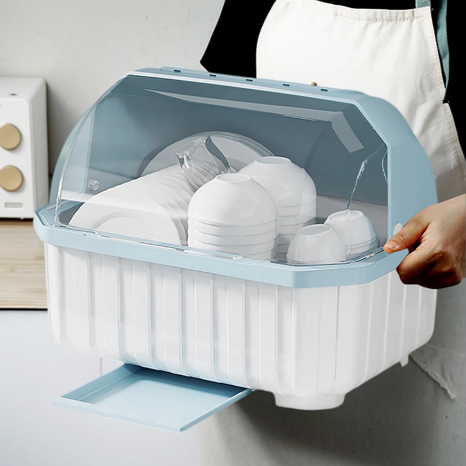 Dish Drying Rack with Lid Kitchen Drainer for Plates, Cups, Bowls Cutlery Covered Dish Rack Organizer for Countertop,Cabinet,Home Hotel Use Durable Tableware Dryer Tray(15.55*11.42*11.81Inch)
