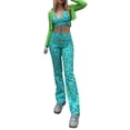 thumbnail image 2 of VISgogo Pantalones de pierna recta para mujer, pantalones de cintura alta con estampado estampado, marrón / negro / verde / azul / café VISgogo moda, 2 of 9