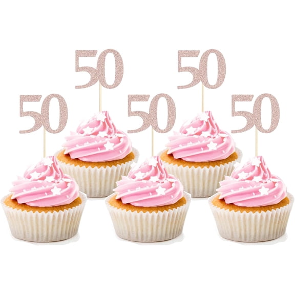 50th Birthday Cupcake Toppers, Rose Gold Glitter, 12 Pack, Party Decoration Picks