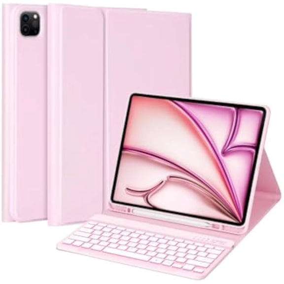 Backlit Wireless Bluetooth Keyboard Folio with Pencil Holder for 12.9-inch iPad Pro, iPad 5th/6th Gen & 13-inch iPad Air M2 (2024) / M3 (2025),Pink