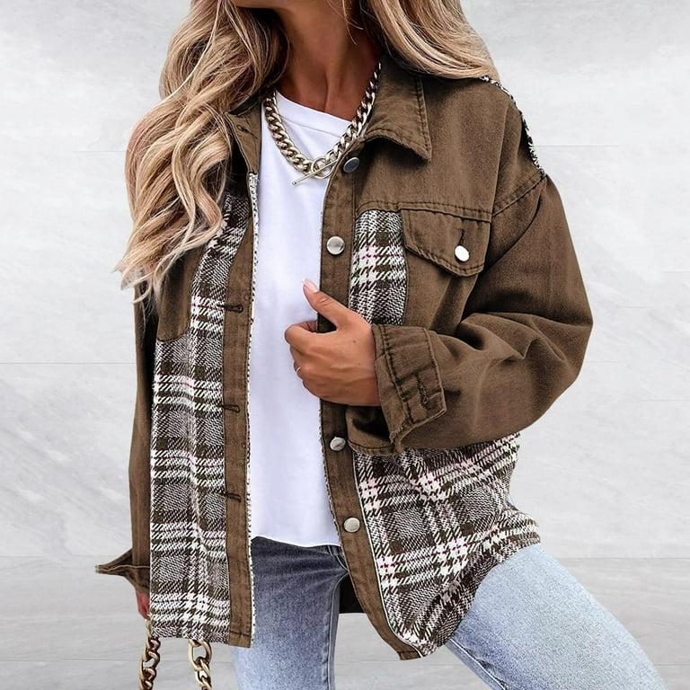 Vest Coats for Women Cargo Jacket Women Fashion Casual Plaid Jacket Autumn And Winter Loose Denim Plaid Fashion Long Sleeve Jacket Coat Womens Formal