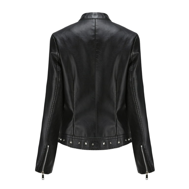 Jet Black Women's Leather Jacket Heavy Silver Zipper. With one snap store on sleeves.