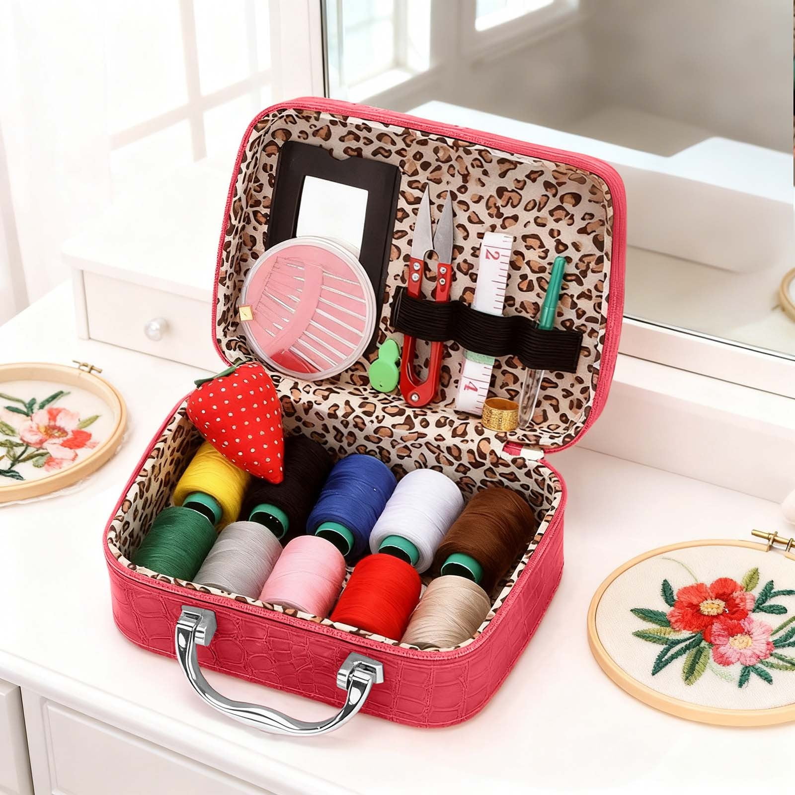 Eqslft Portable Sewing Kit in Leather Case, Sewing Kit,Knitting Complete DIY Needlework For Handmade Crafting Projects,Beginners and Professionals