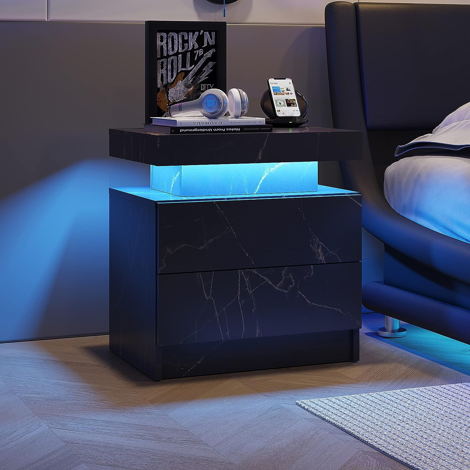 Algherohein Modern Wood Nightstands with Storage, Set of 2, Black Gold