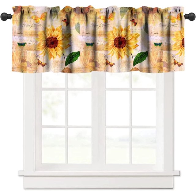 Vintage Sunflower Valances Curtain Retro Rustic Flowers Butterfly Farmhouse Kitchen Windows Valances Rod Pocket Window Treatment Short Topper Curtains for Kitchen Bathroom Living Room 1 Panel 54x18 in